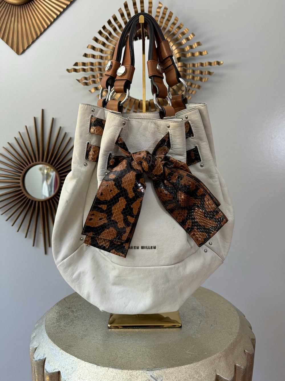 Karen Millen White Leather Tote with Brown Snake-Print Bow
